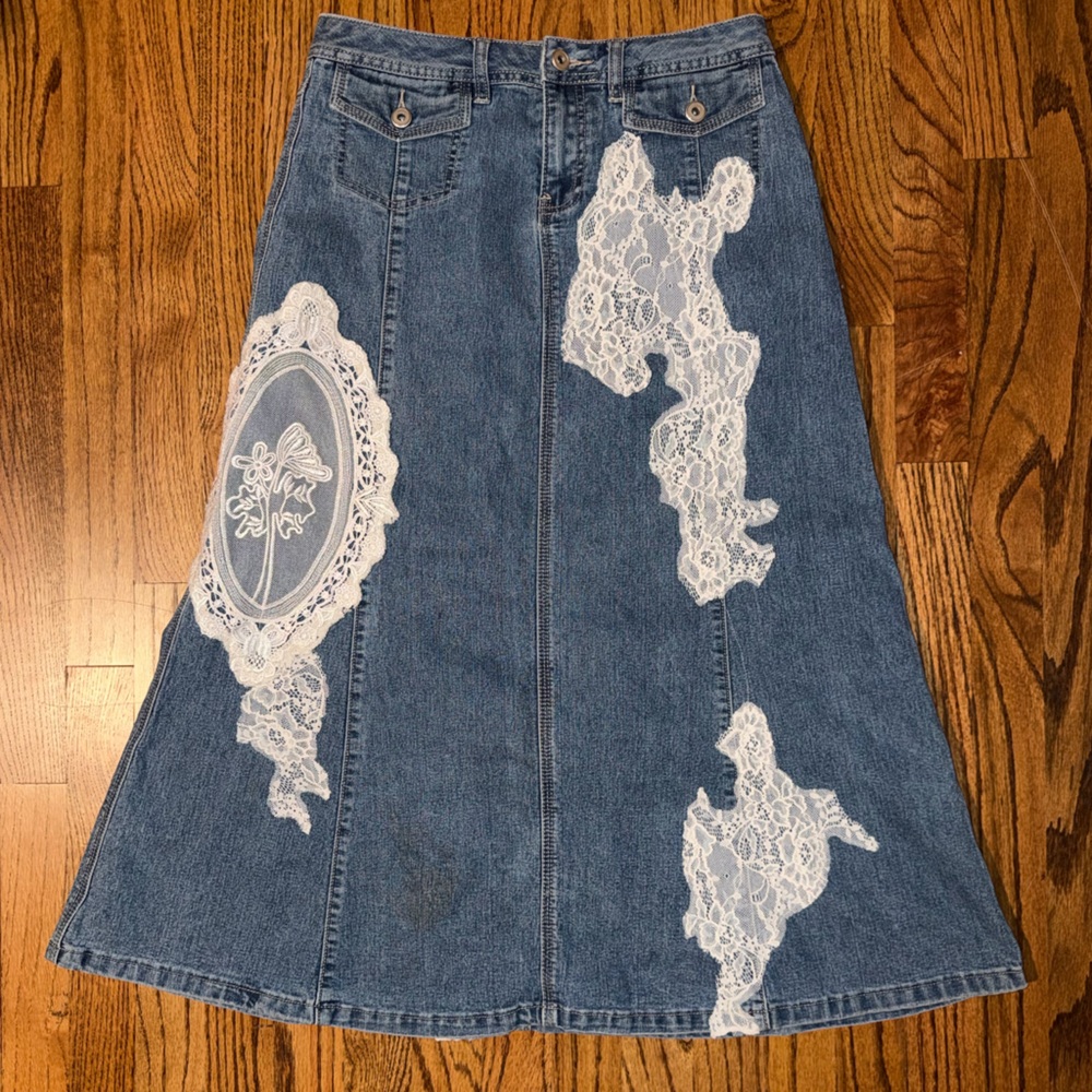 Denim A-Line Skirt with Doily Appliqués
